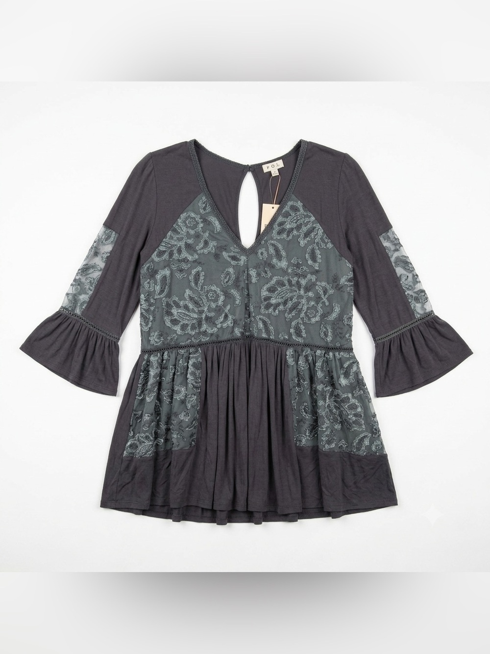 POL Boho Lace Embroidery Babydoll Tunic Top Charcoal Grey 3/4 Bell Sleeve S